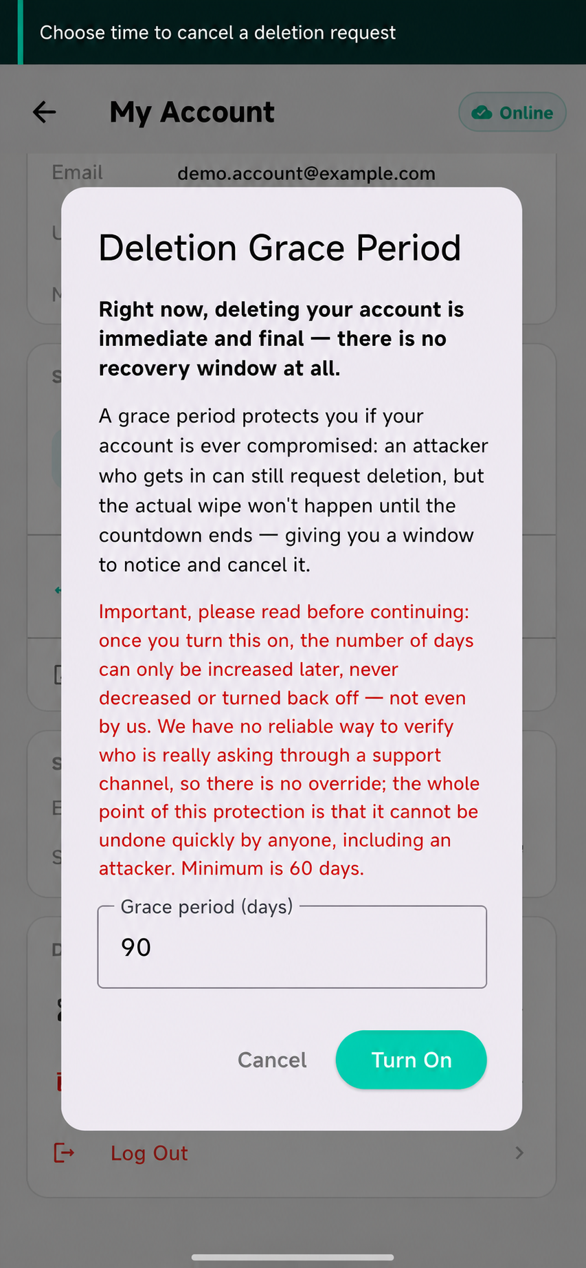 Sanitized SovaSpace Android dialog explaining an optional deletion grace period with a fictional demonstration email address behind it.