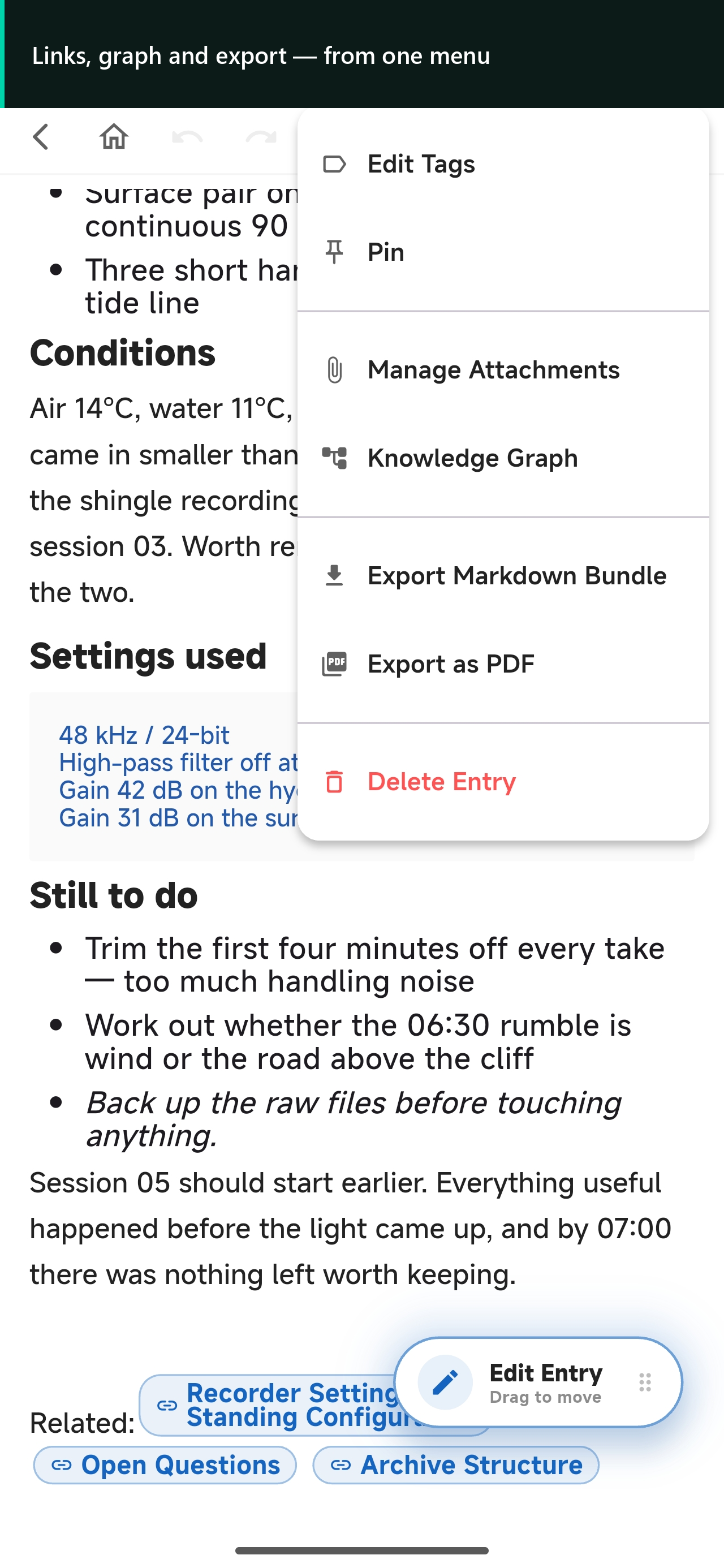 SovaSpace Android Entry menu showing tags, pinning, attachments, knowledge graph and export actions.