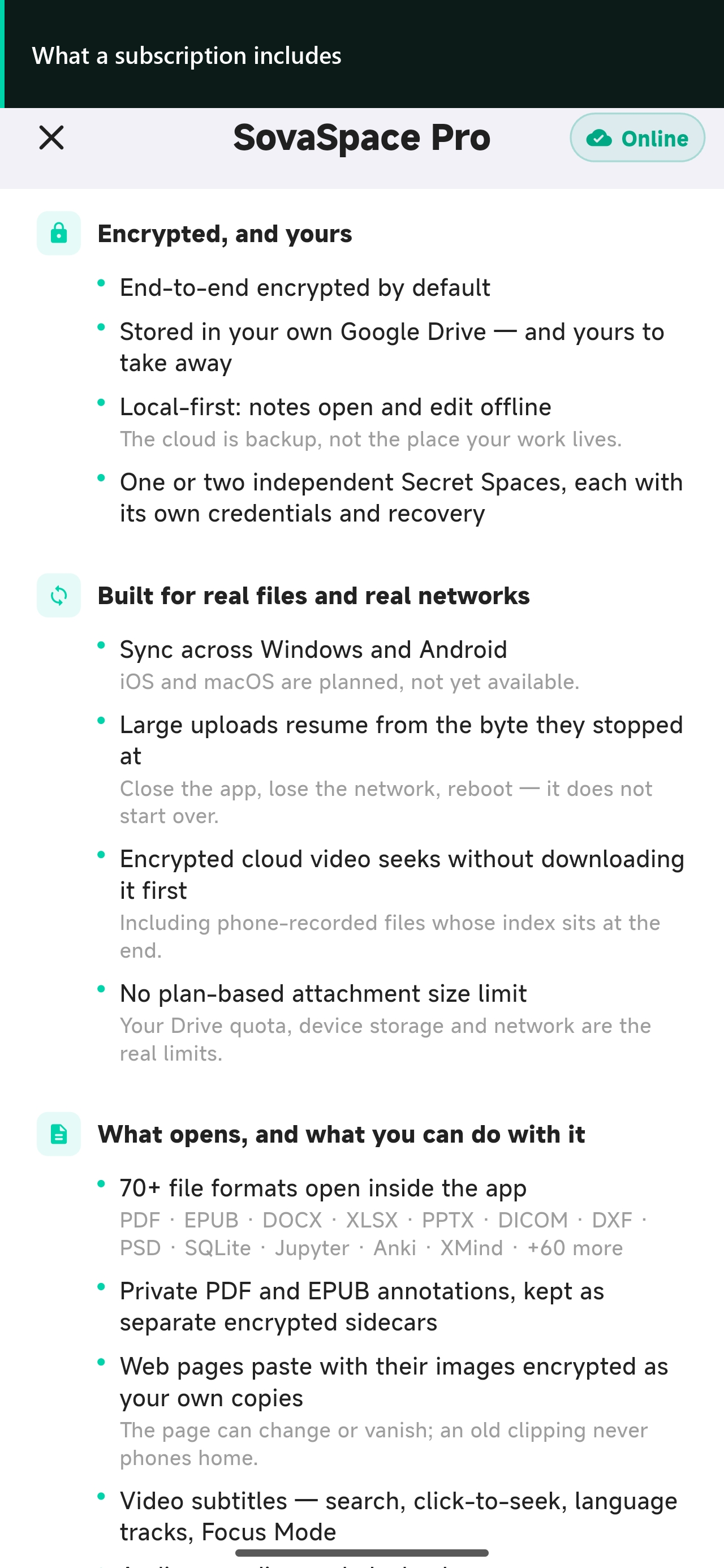 SovaSpace Pro overview on Android listing encrypted storage, offline work, Secret Spaces, supported platforms and file workflows.