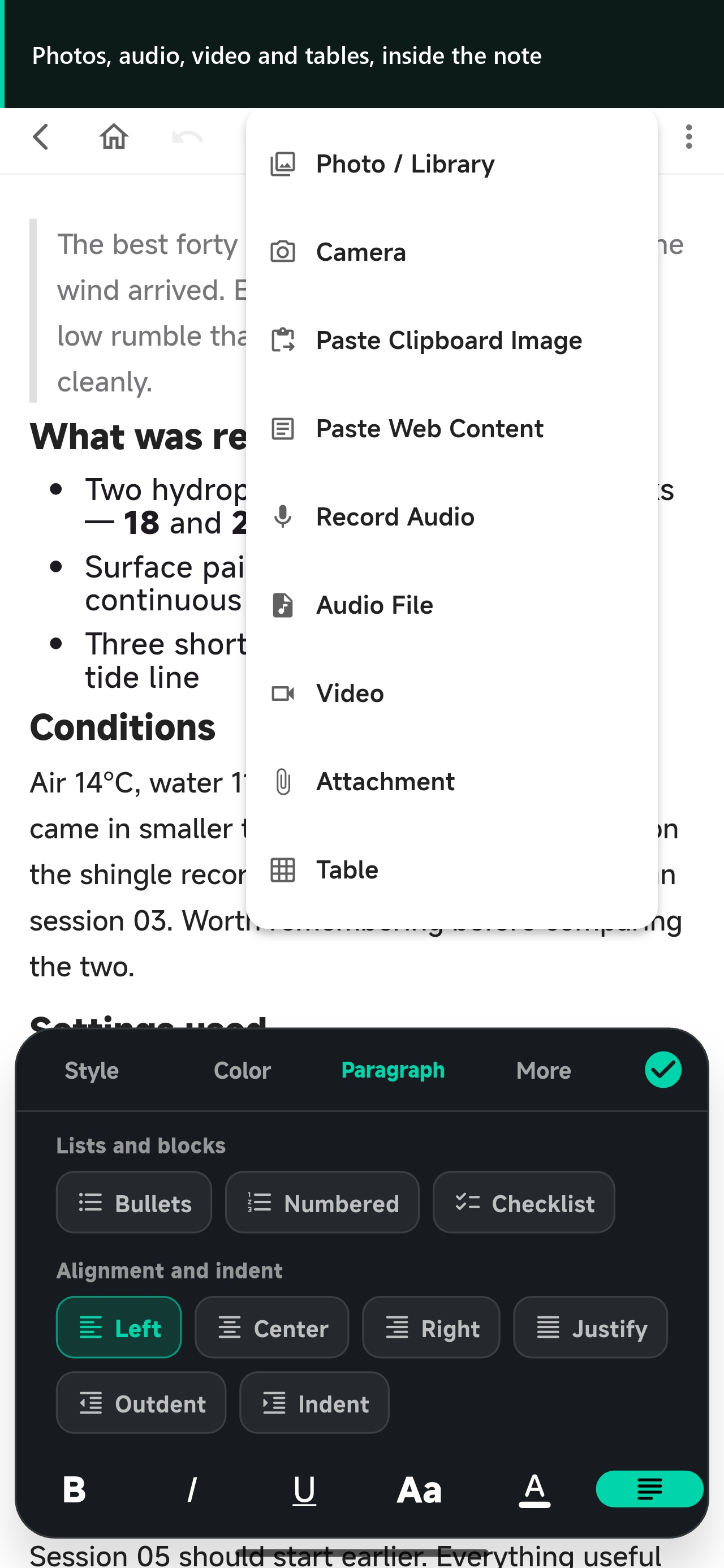 SovaSpace Android rich editor showing media insertion and paragraph formatting controls.