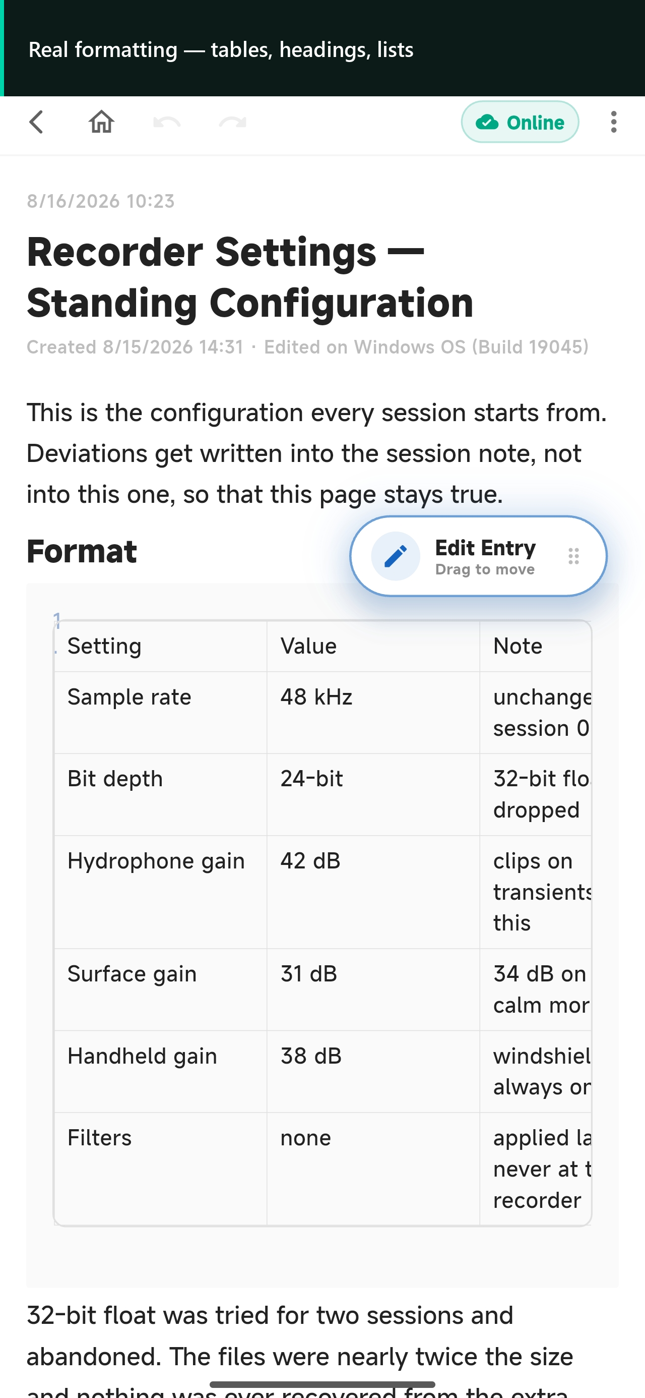 SovaSpace Android Entry containing headings, paragraphs and a structured table.