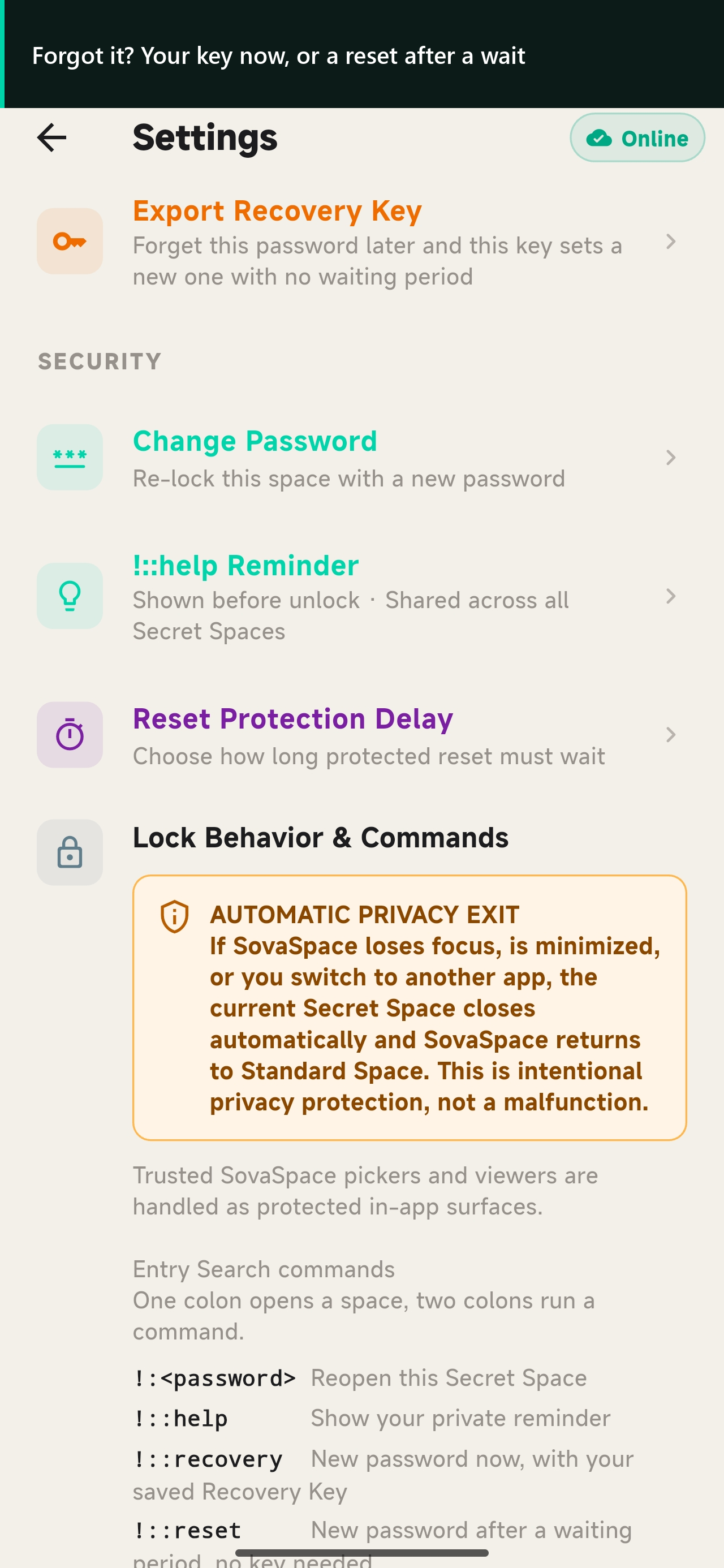 SovaSpace Android Secret Space settings showing Recovery Key export and protected reset options.