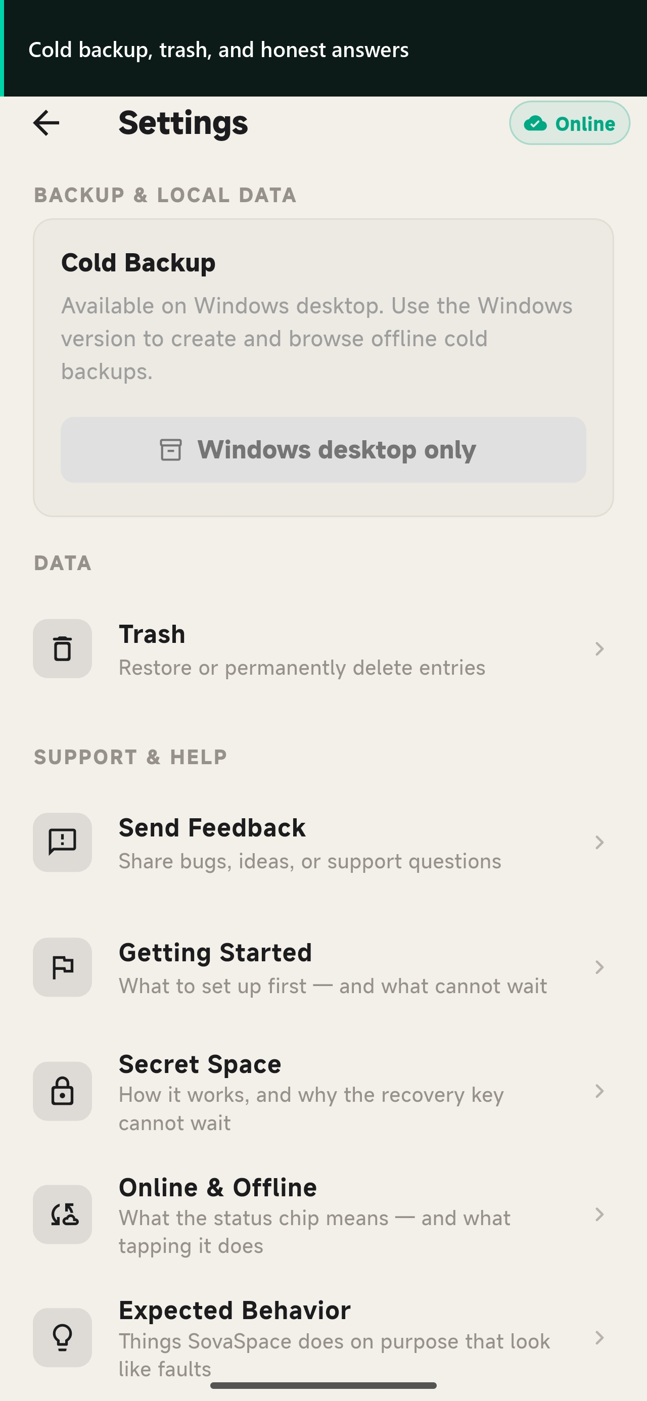 SovaSpace Android Settings showing Trash, in-app Help topics and Windows-only Cold Backup information.