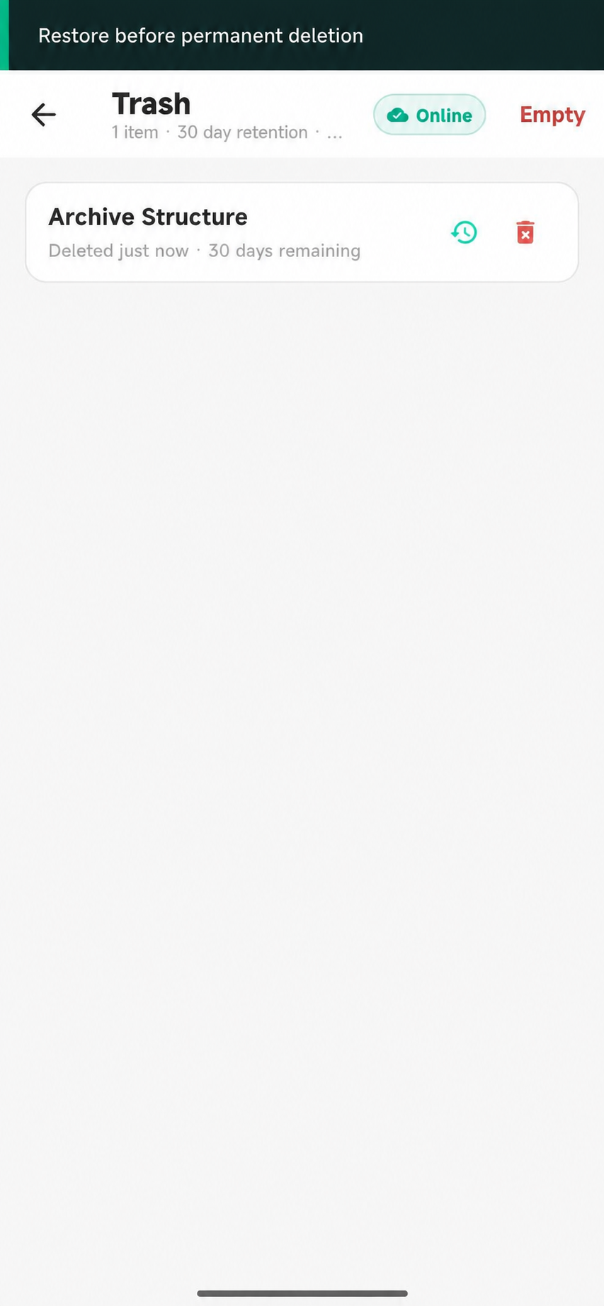 SovaSpace Android Trash showing one recently deleted Entry and the remaining retention period.