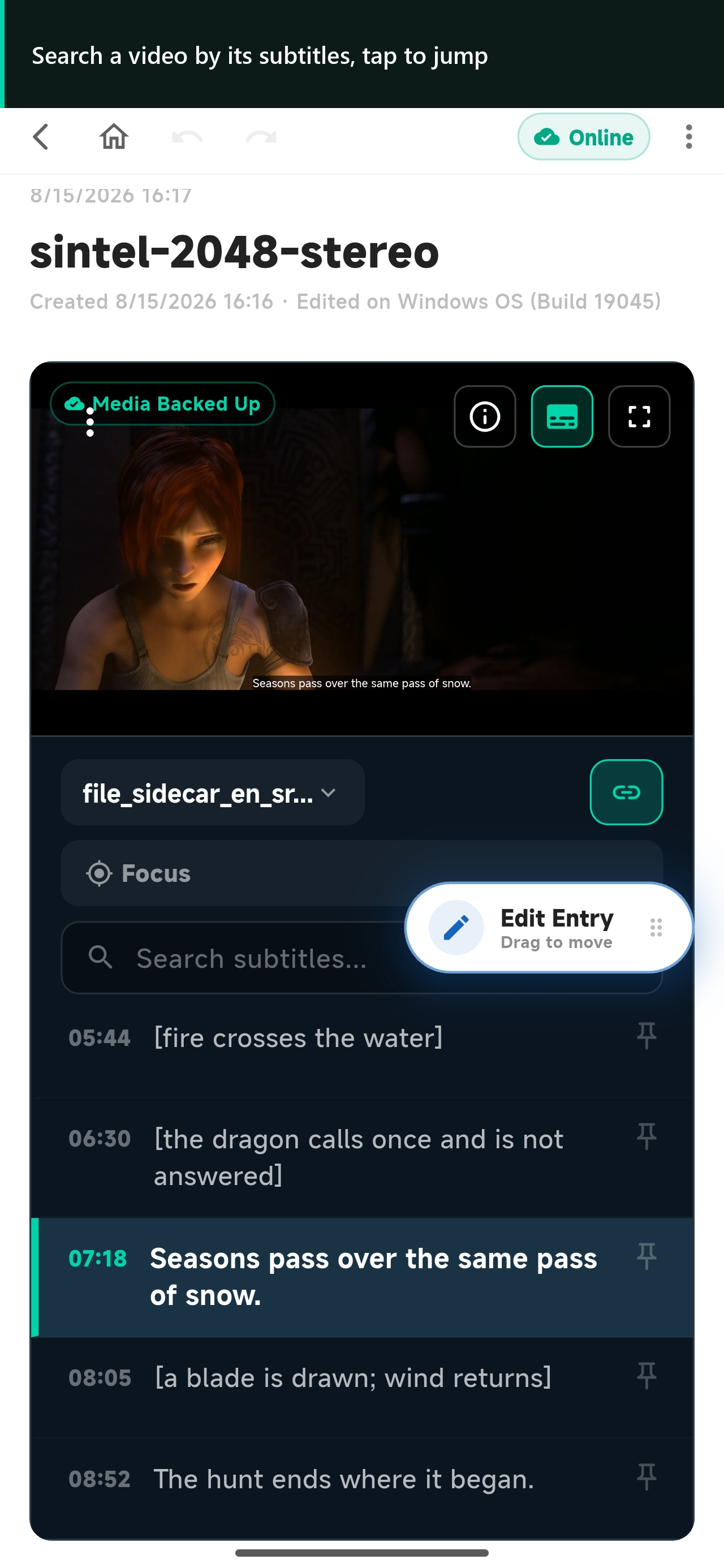 SovaSpace Android video player showing subtitle search results and a selected timestamp.