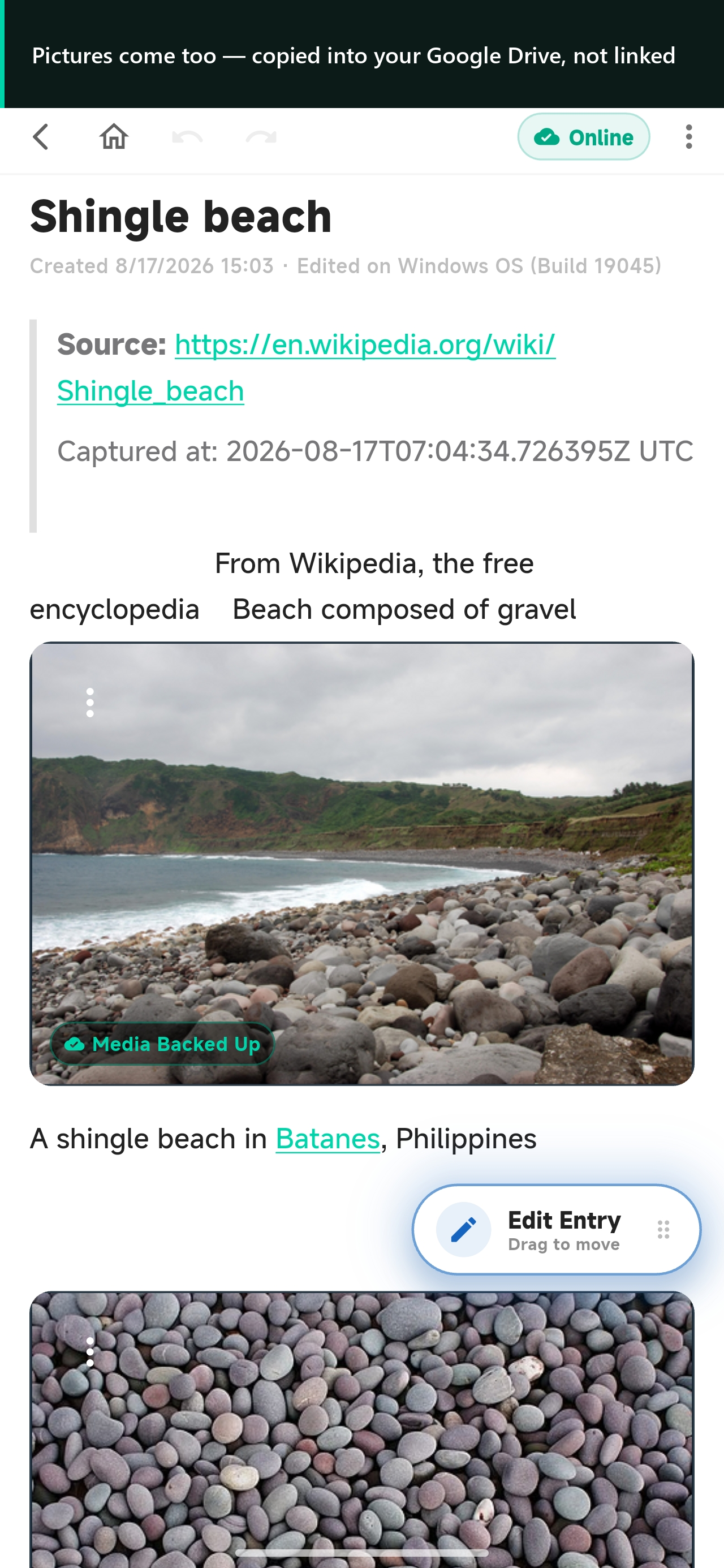 A captured web page inside a SovaSpace Entry with copied images marked as backed up.
