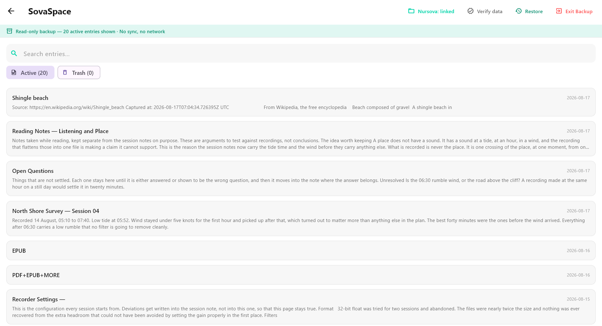 SovaSpace Windows read-only Cold Backup viewer listing Entries with no sync and no network.