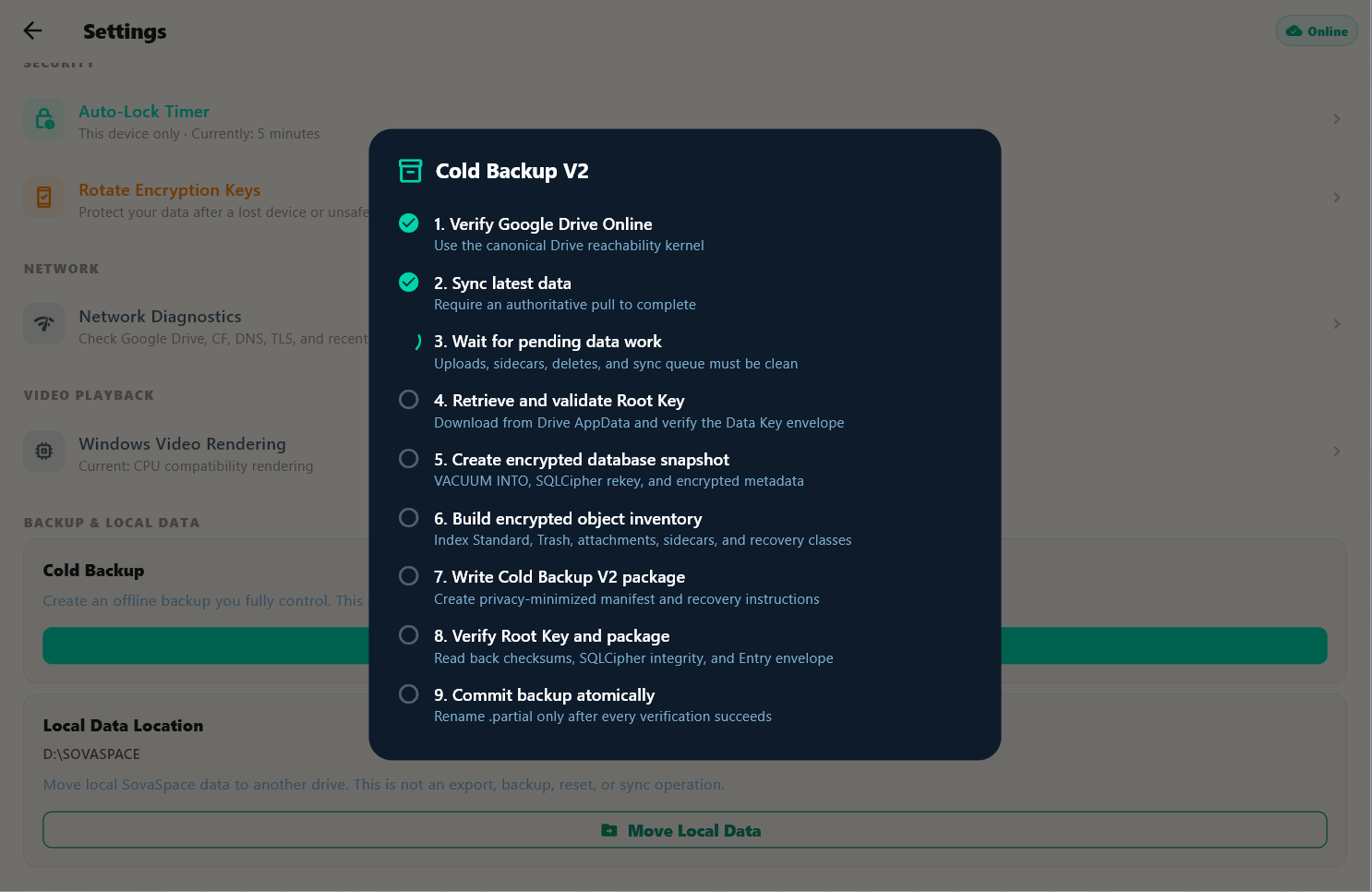 SovaSpace Cold Backup on Windows verifying Google Drive, synchronization, keys, encrypted data and package integrity.