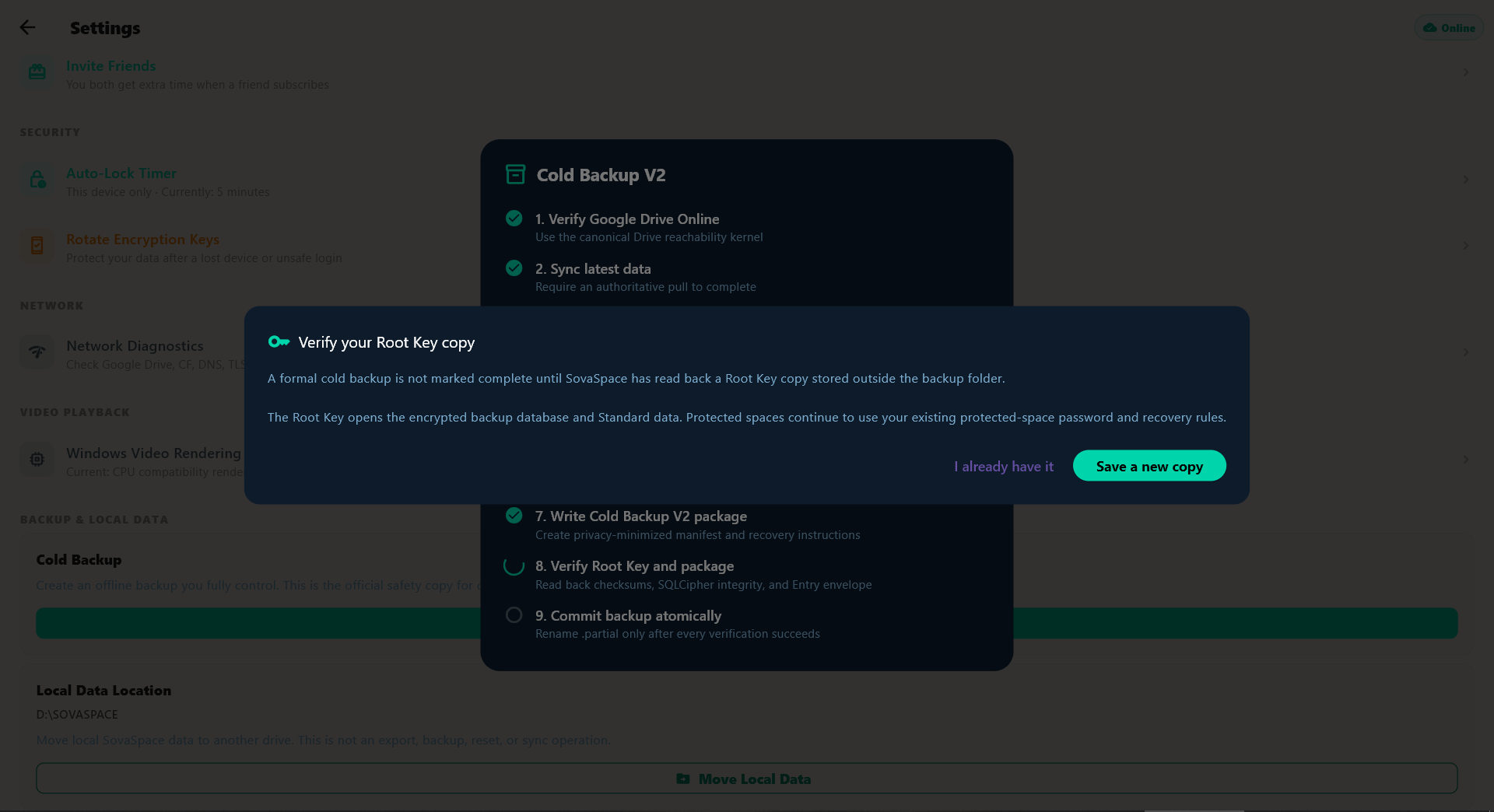 SovaSpace Windows Cold Backup workflow asking the user to verify a separately stored Root Key copy.