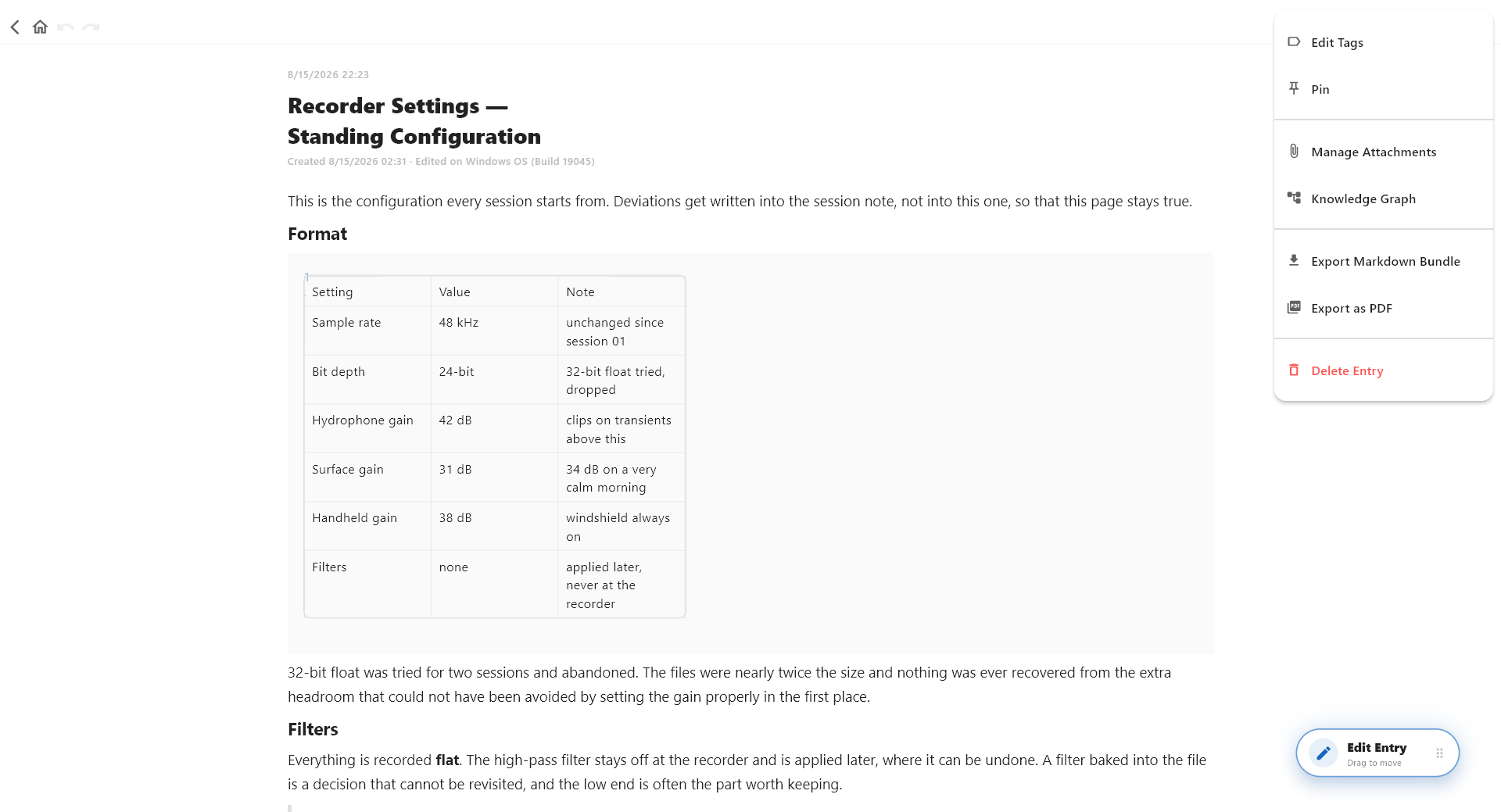 SovaSpace Windows Entry menu showing tags, pinning, attachments, knowledge graph and export actions.