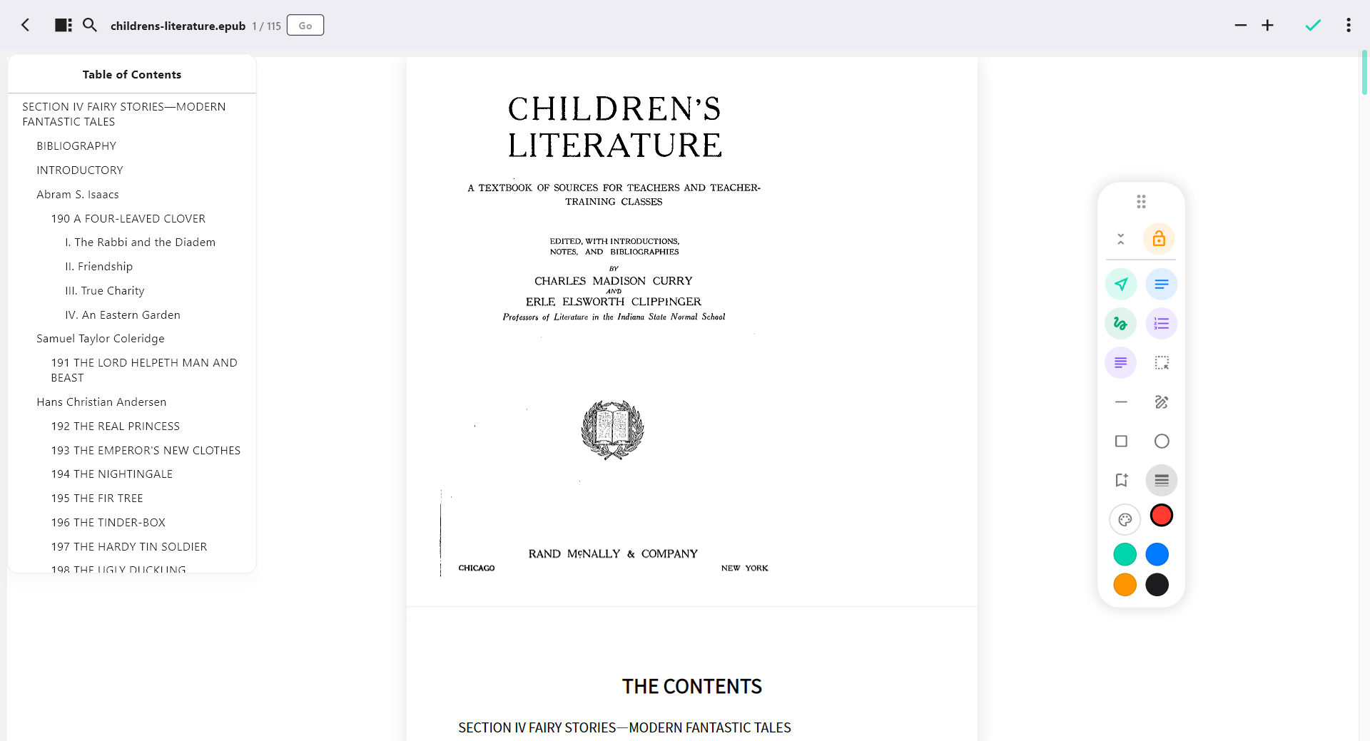 SovaSpace Windows EPUB reader showing a table of contents, stable page position and annotation tools.