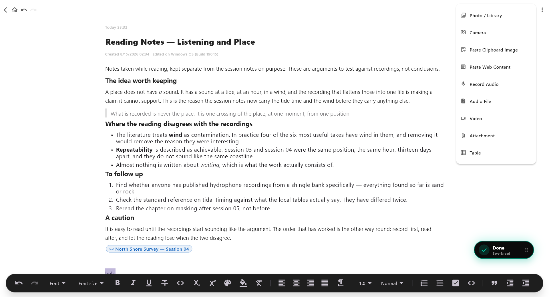 SovaSpace Windows rich editor showing headings, lists, links, an insertion menu and formatting controls.